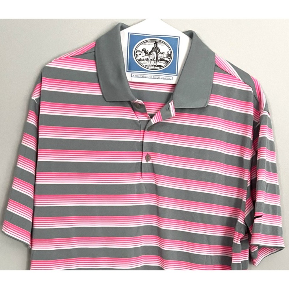 Nike Golf Polo Shirt Mens Large Gray Pink Stripe Dri-FIT Tour Performance Swoosh
